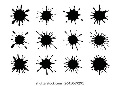 Conjunto de doze manchas de tinta preta. Ilustração vetorial de diferentes salpicos e gotas sobre um fundo branco.
