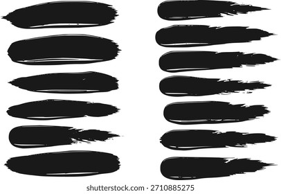 Conjunto de doce pinceladas de tinta negra y manchas de pintura para el diseño artístico Aislado sobre fondo transparente