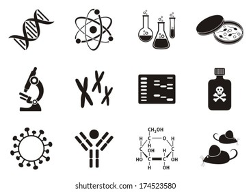 Set of twelve black molecular biology science icons svg