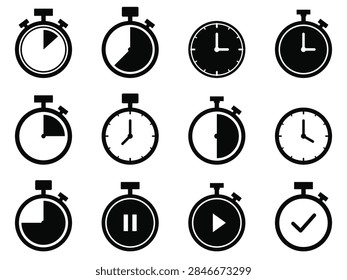 Set of twelve black with representing different timekeeping timekeeping devices stopwatch