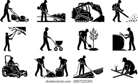 A set of twelve black silhouette illustrations depicting landscaping and gardening activities such as mowing, trimming, pruning, raking, and irrigation. Suitable for property care designs, outdoor maintenance visuals, eco‑friendly projects, and commercial landscaping concepts.