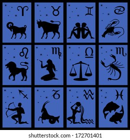 Set of twelve black silhouettes of Zodiac signs vector illustration: Aries, Taurus, Gemini, Cancer, Leo, Virgo, Libra, Scorpio, Sagittarius, Capricorn, Aquarius, Pisces