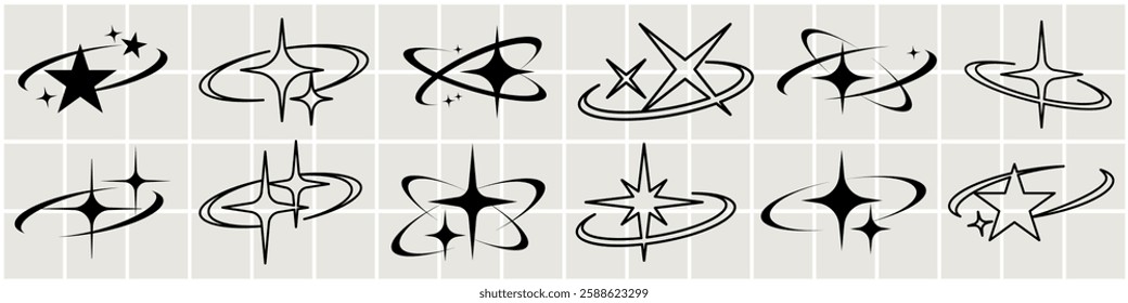 Set of twelve black star icons with dynamic swirls and lines. Star designs vary in style, featuring swirls, lines, and dynamic elements. Perfect for logos or designs. Creative elements, vector set.