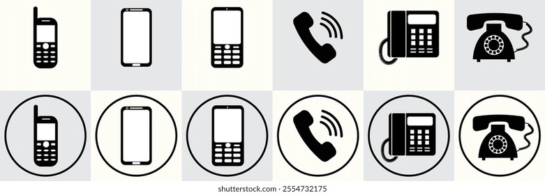 A set of twelve black telephone and mobile phone icon designs, including modern smartphones, retro rotary phones, and communication symbols, displayed in solid and circular styles.