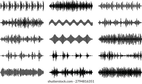 A set of twelve black waveform illustrations showcasing diverse sound frequency patterns and amplitude variations. Perfect for audio visualization, music production graphics, podcast branding, and digital sound design concepts.