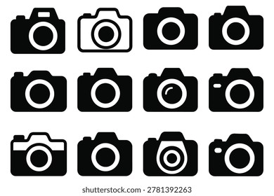Set of twelve black and white camera flat symbols for and digital imaging sign lens