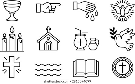 Set of twelve black and white Christian religious icons including cross, dove, Bible, church, chalice, baptism, communion, peace, and faith symbols for spiritual design.