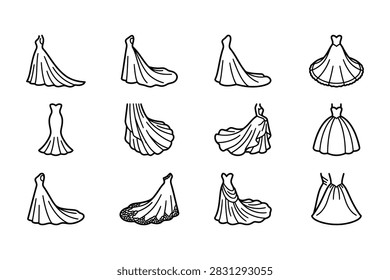 A set of twelve black and white line art illustrations featuring various styles of bridal gowns and wedding dresses in different silhouettes and poses.