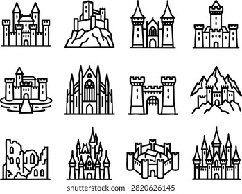 A set of twelve black and white outline icons depicting various styles of medieval castles, fortresses, ruins, and towers.