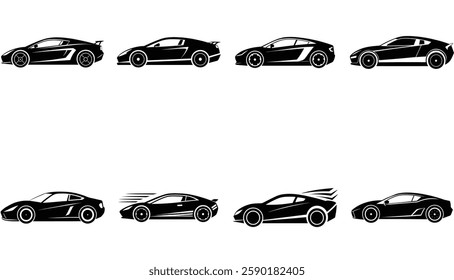A set of twelve black and white silhouettes of various modern sports cars.