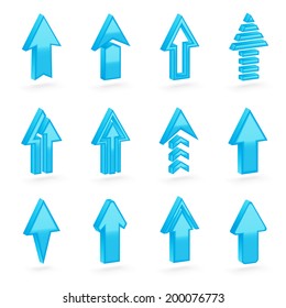 Set of twelve blue dimensional arrows with the glossy shading, eps10 vector clip-art, color and shading layers are separate, easy to edit