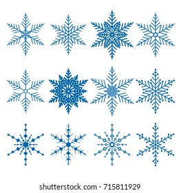 Set of twelve blue vector snowflakes isolated on white background