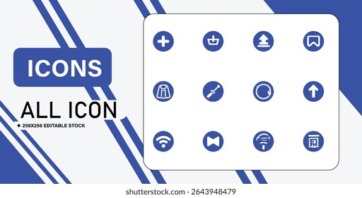 Um conjunto de doze ícones azuis e brancos em um fundo branco, adequado para web e design de aplicativos.