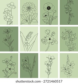 Un conjunto de doce ilustraciones botánicas que presentan varias flores en estilo de arte de línea negra en tonos de fondos verdes.