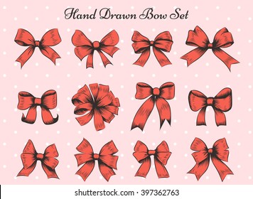 Set of twelve bows. Hand drawn red bows on polka dot background