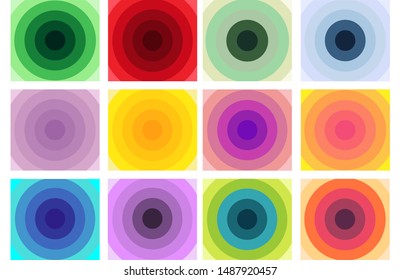 Set twelve bright abstract backgrounds, multi colored circles. Patterns for stationery, packaging design, background, textiles, web textures.