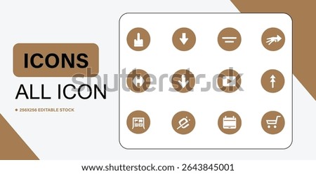 A set of twelve brown round icons with white symbols, perfect for web design and app development projects.