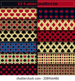 Set of twelve card game vector seamless patterns. Endless texture can be used for web design, printing onto fabric and paper or scrapbooking. Black, red and blue colors. Swatches included