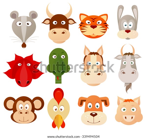 Set Twelve Cartoon Animals Symbols Chinese Stock Vector (Royalty Free ...