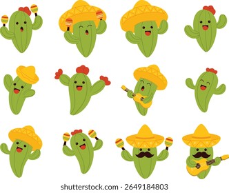 Conjunto de doze cactos de desenho animado, cada um vestindo um sombrero ou tocando um instrumento, com expressões faciais felizes. Os cactos são renderizados em um estilo simples e plano com cores brilhantes.