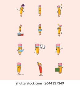 Set of twelve cartoon pencils, each with a different pose and expression, designed to depict various actions and emotions. The pencils are yellow with pink accents and are presented in a simple