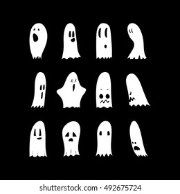 Set of twelve cartoon spooky scary ghosts character, hand-drawn ghosts silhouette with various expressions, fine night symbol for halloween celebration, isolated, EPS 8