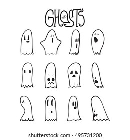 Set of twelve cartoon spooky scary ghosts character, hand-drawn ghosts with various expressions, funny night symbol for halloween celebration, isolated, EPS 8