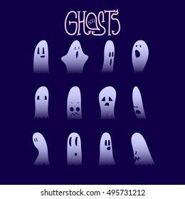 Set of twelve cartoon spooky scary ghosts character, hand-drawn ghosts silhouette with various expressions, funny night symbol for halloween celebration, isolated, EPS 10
