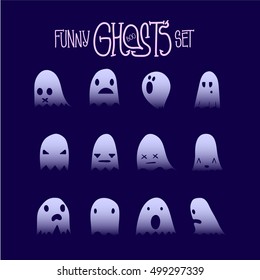 Set of twelve cartoon spooky scary ghosts character, hand-drawn ghosts silhouette with various expressions, fine night symbol for halloween celebration, isolated, EPS 10