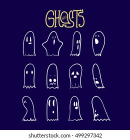 Set of twelve cartoon spooky scary ghosts character, hand-drawn linear ghosts with various expressions, fine night symbol for halloween celebration, isolated, EPS 8