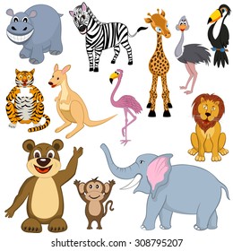 Set of Twelve Cartoon Wild Animals. Ready For Use in Zoo Theme. Very Detail Cute Vector Illustration. Africa, Safari, Desert, Jungle, Funny, Friendly, Kind.