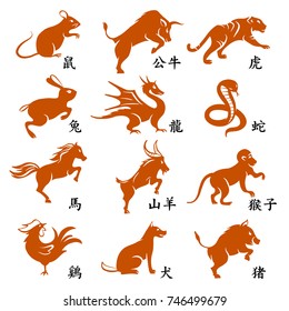 Set of twelve chinese year lunar zodiac horoscope symbols. English translate chinese hieroglyph is name of animal. 