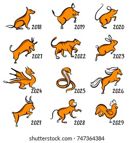 Set of twelve chinese year lunar zodiac horoscope symbols. Silhouette animal sketch vector illustration. Year number text near.