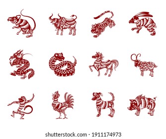 Set Of The Twelve Chinese Zodiac Animals In Silhouettes, Lines, Flowers, Red And White Colors: Rat; Ox, Tiger, Rabbit, Dragon, Snake, Horse, Goat, Monkey, Rooster, Dog And Pig.