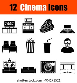 Set of twelve cinema black icons. Vector illustration.