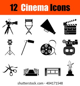 Set of twelve cinema black icons. Vector illustration.