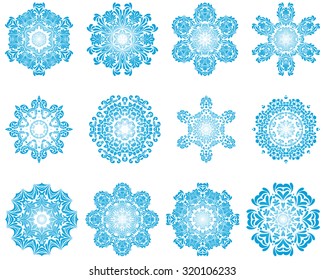 Set of Twelve Circle Snowflakes Ornaments. Vector Illustration.