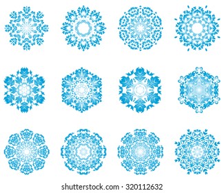 Set of Twelve Circle Snowflakes Ornaments. Vector Illustration.