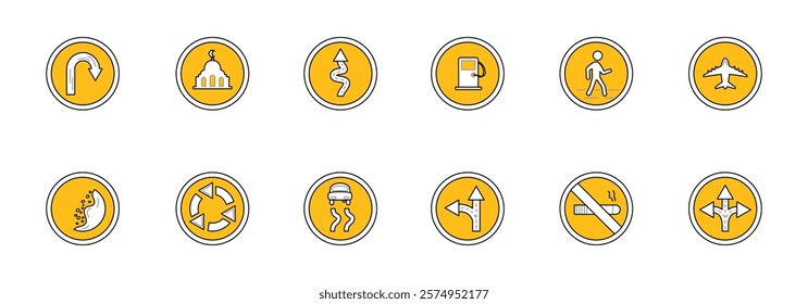 set of twelve circular icons depicting various road signs and travel related symbols.