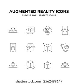 A set of twelve clean and minimalist line art icons representing augmented reality concept. These 256x256 pixel perfect icons ideal for app design or tech presentations