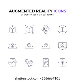 A set of twelve clean and minimalist line art icons representing augmented reality concept. These 256x256 pixel perfect icons ideal for app design or tech presentations