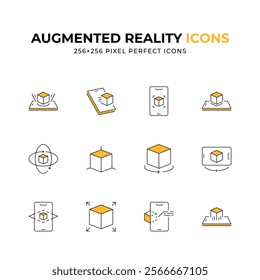 A set of twelve clean and minimalist line art icons representing augmented reality concept. These 256x256 pixel perfect icons ideal for app design or tech presentations