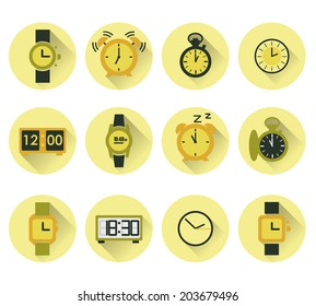 Set of twelve clock, watch icons in flat style
