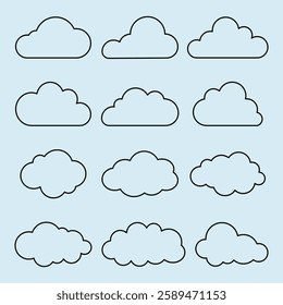 Set of twelve cloud outlines on a light blue background. Cloud shapes vary in size and form. Simple cloud design, perfect for weather-themed projects. Weather illustration, vector set.