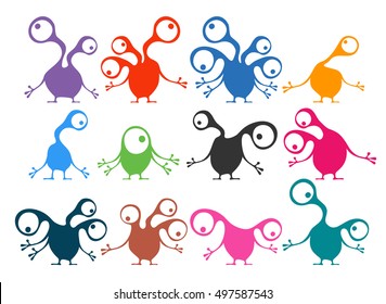 Set of twelve color cute monsters isolated on white