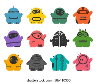 Set of twelve color cute monsters isolated on white. Cartoon illustration.