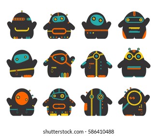 Set of twelve color cute monsters with emotions, isolated on white. Cartoon illustration