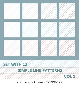 Set with twelve color simple diagonal lines patterns and three samples using patterns at the bottom. Volume one.