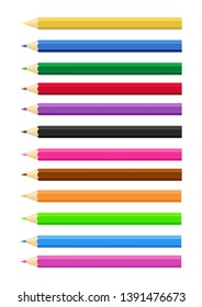 Set of twelve colored pencils red yellow blue green black purple orange blue. White background. Vector.