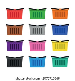 A set of  twelve colored shopping baskets side view. Vector illustration isolated on white background for logo, icon, emblem, sticker. Flat style. Large set of signs for market, commerce, supermarket